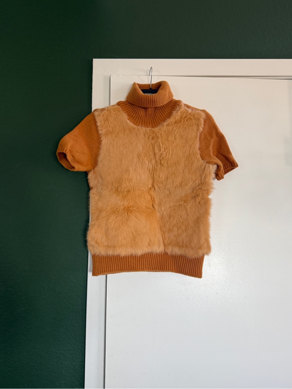 Faux Fur Turtleneck Short-Sleeve Sweater - Rust